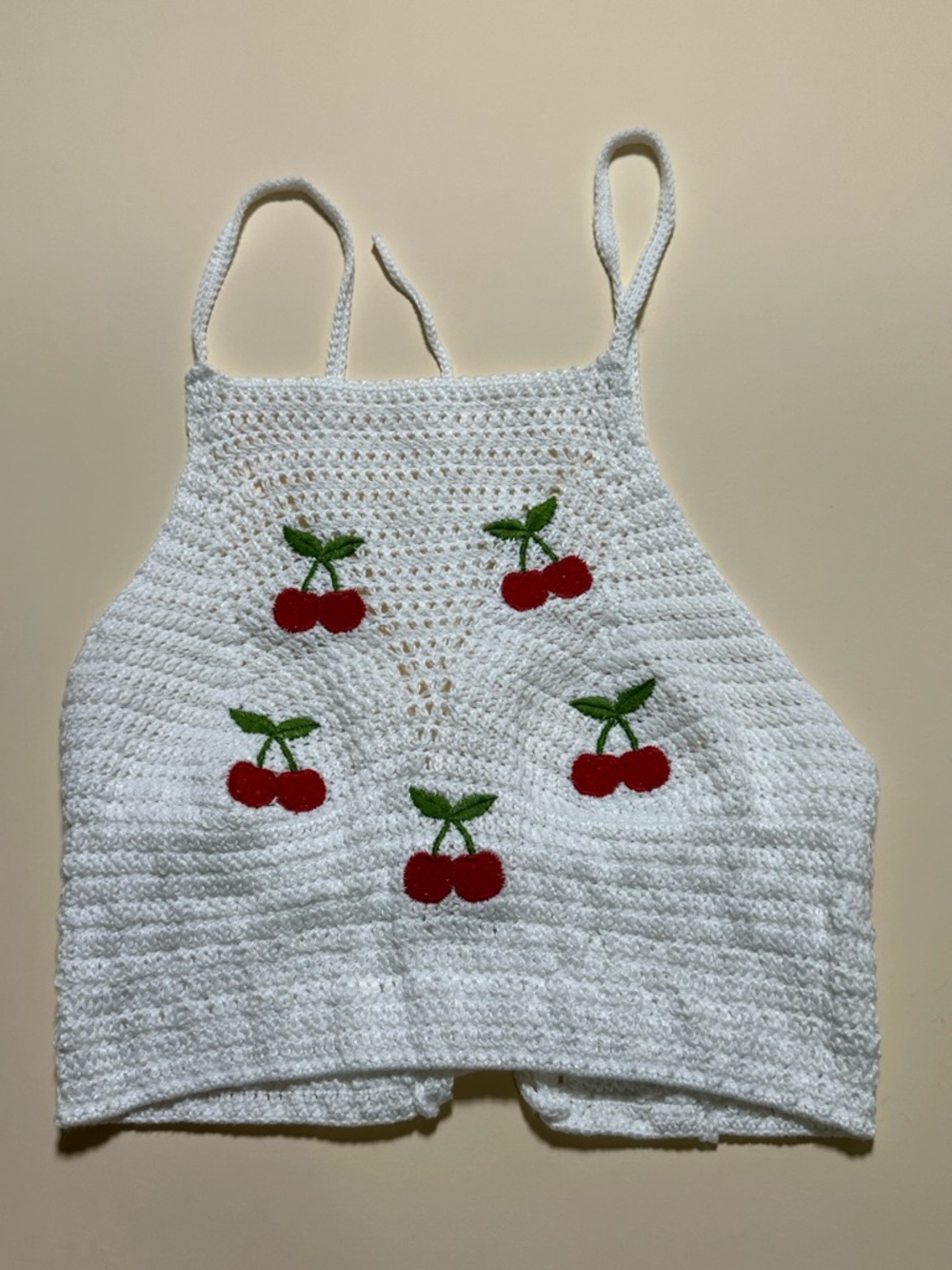 White Crochet Halter Top with Red Cherry Embroidery